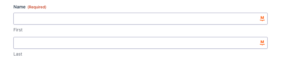 The MailPoet marker on the connected Name and Email fields in the Gravity Forms editor.