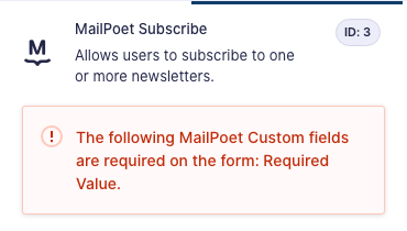 A warning in the field settings listing the required MailPoet custom fields missing from the form.
