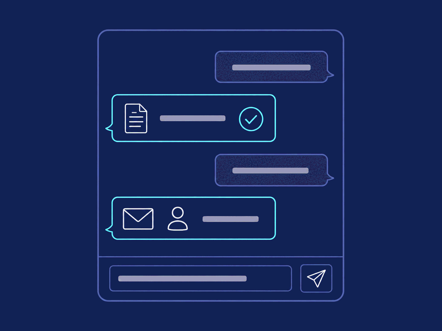 Wireframe of a chat where a request comes back as a completed draft and a preview sent to one person.