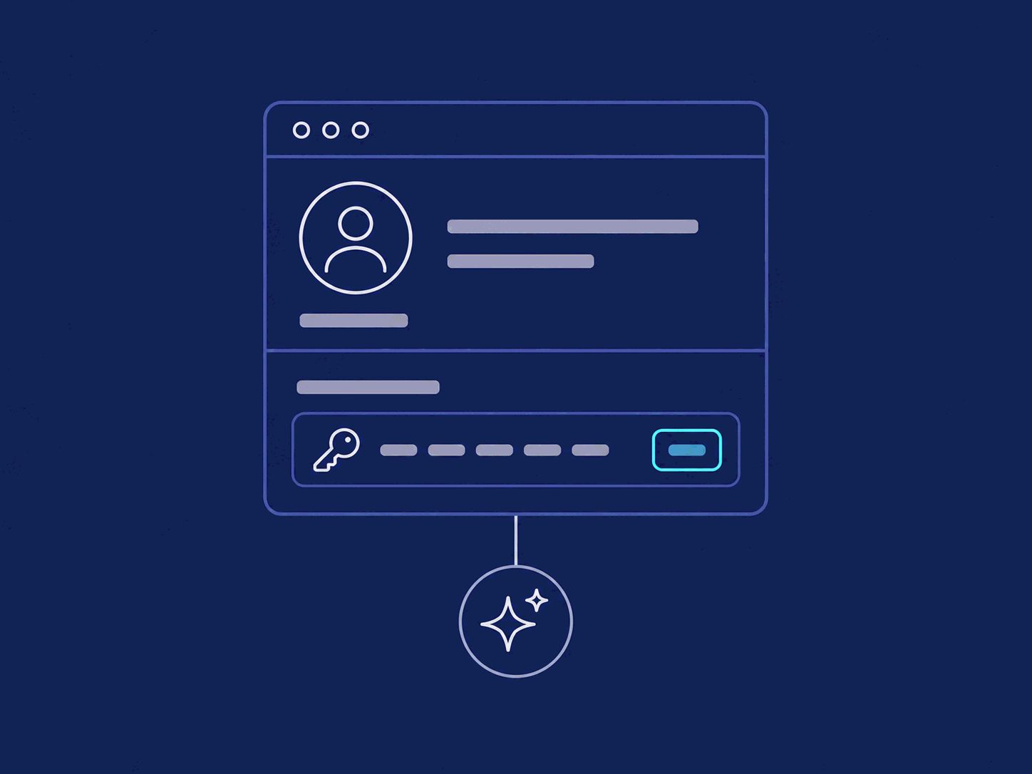 Wireframe of a profile screen with one application password connecting the agent and a revoke button.