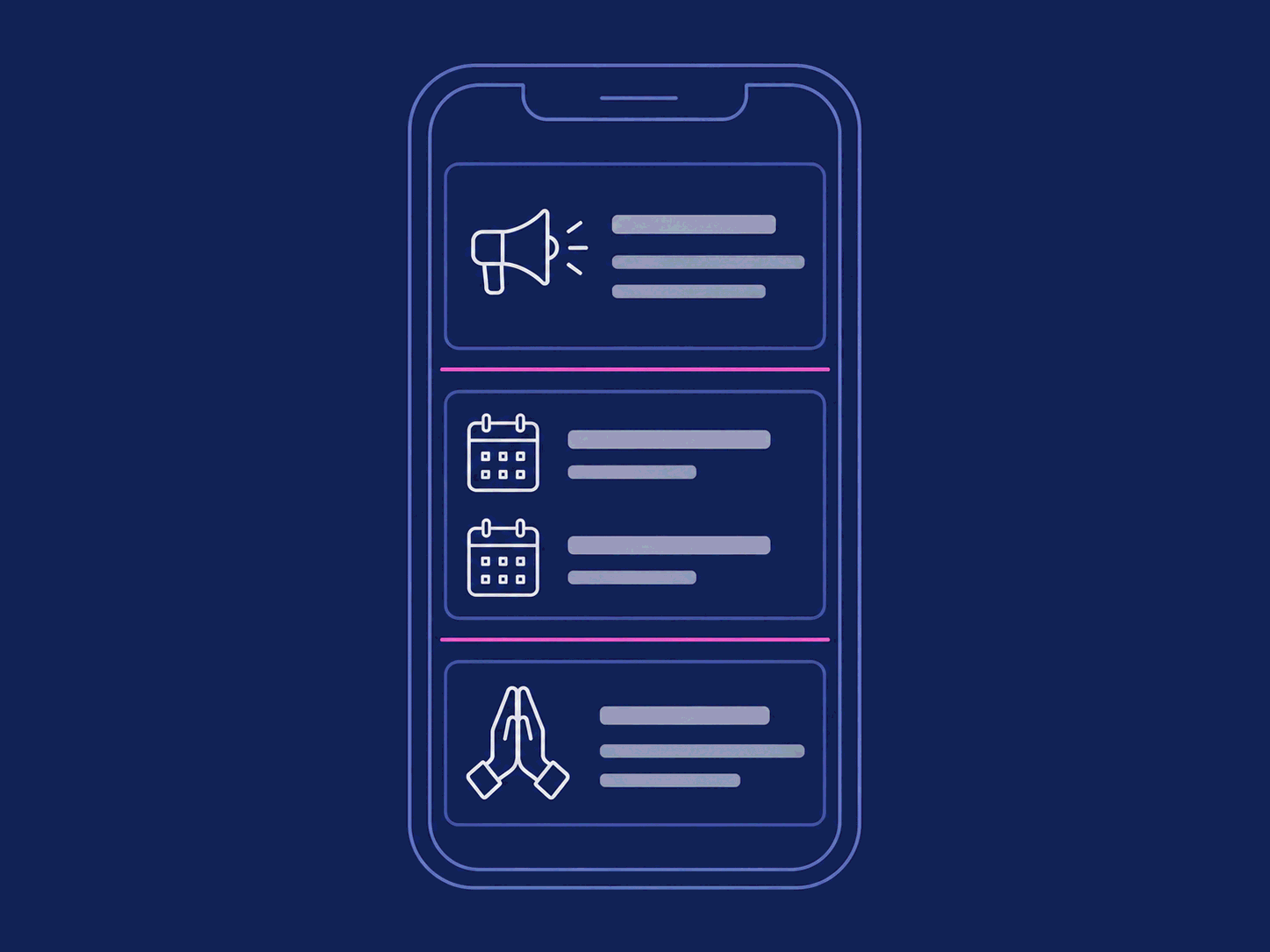 Wireframe of a phone showing a newsletter with announcement, event, and prayer sections.