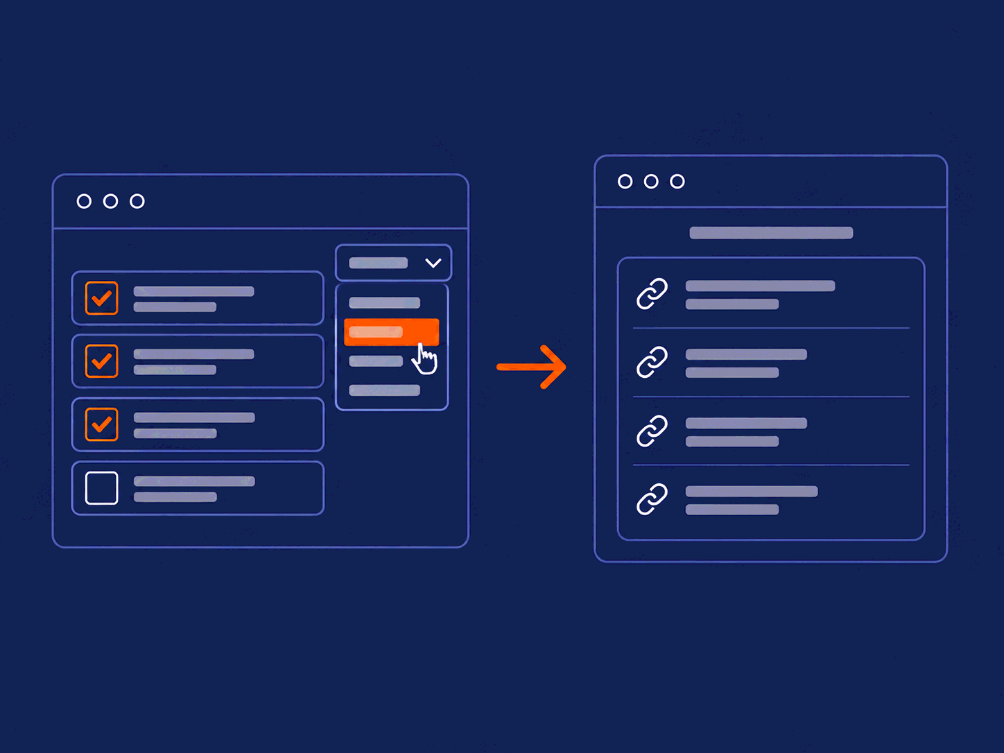 Wireframe of selecting entries and running a bulk action that produces a newsletter draft.