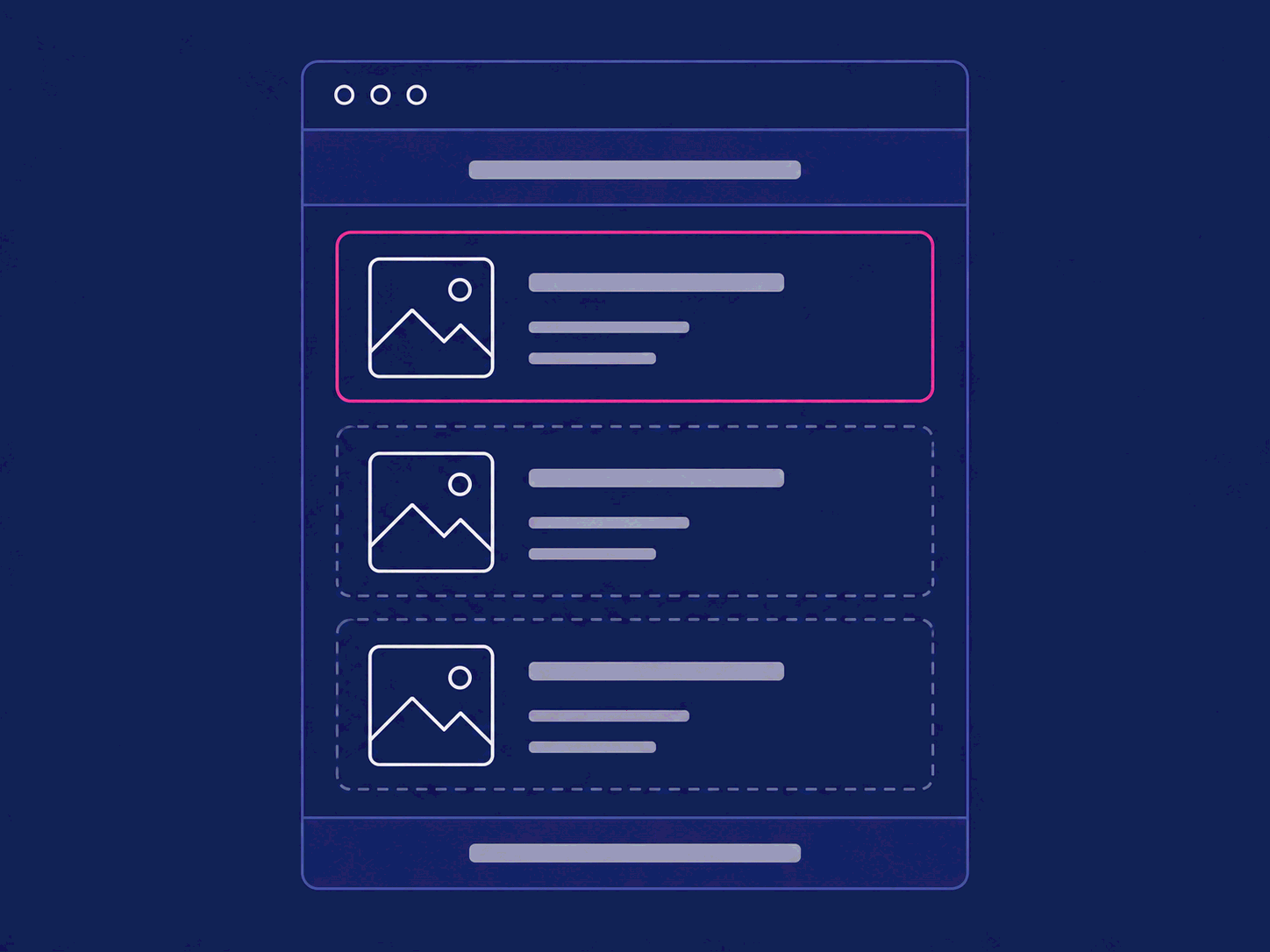 Wireframe of a newsletter template with one styled example item and ghost copies that follow it.