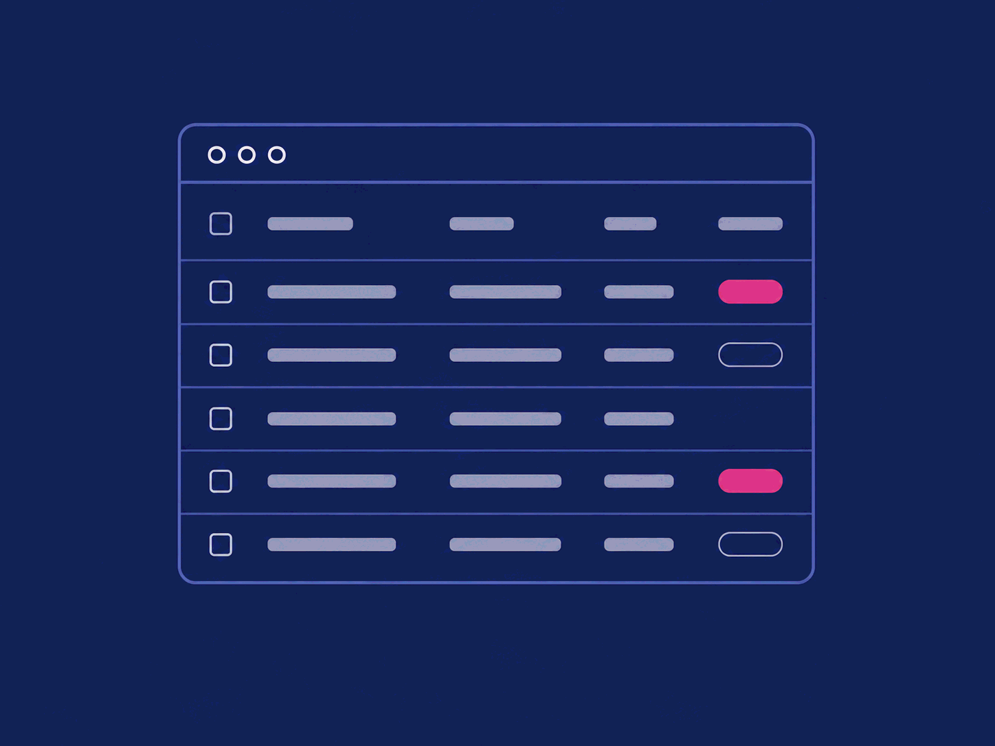 Wireframe of an entries table with entries marked as featured and one still waiting.