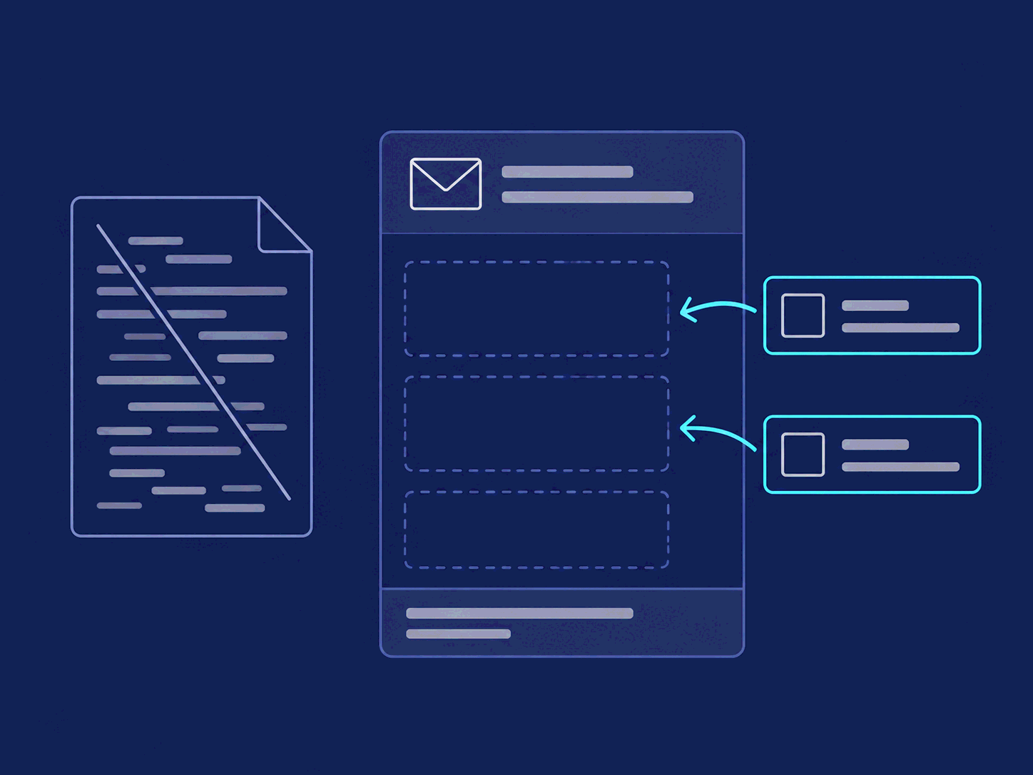 Wireframe of a crossed-out document next to a newsletter template that fills itself from entries.