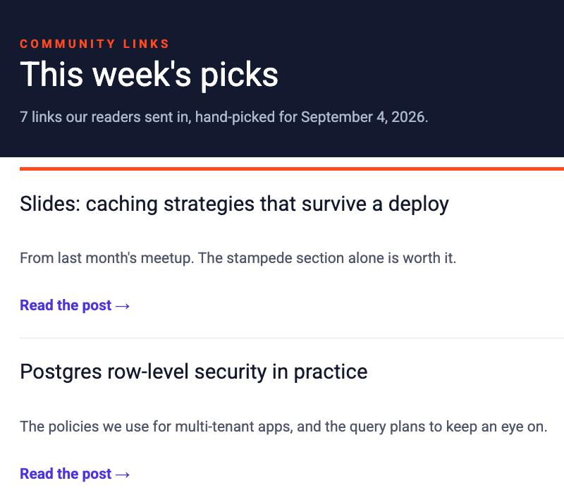 The generated MailPoet draft: a header, then one section per entry with a title, a summary, and a link.
