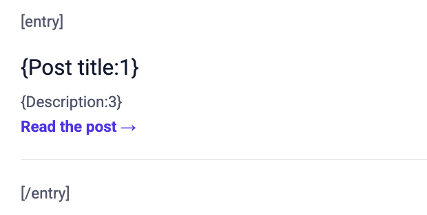 A MailPoet newsletter with the [entry] and [/entry] markers around a single item built from merge tags.