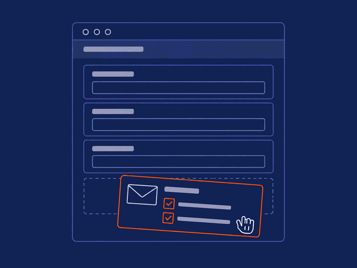 Wireframe of a form editor where a subscribe field with two ticked list options is dragged into a form.