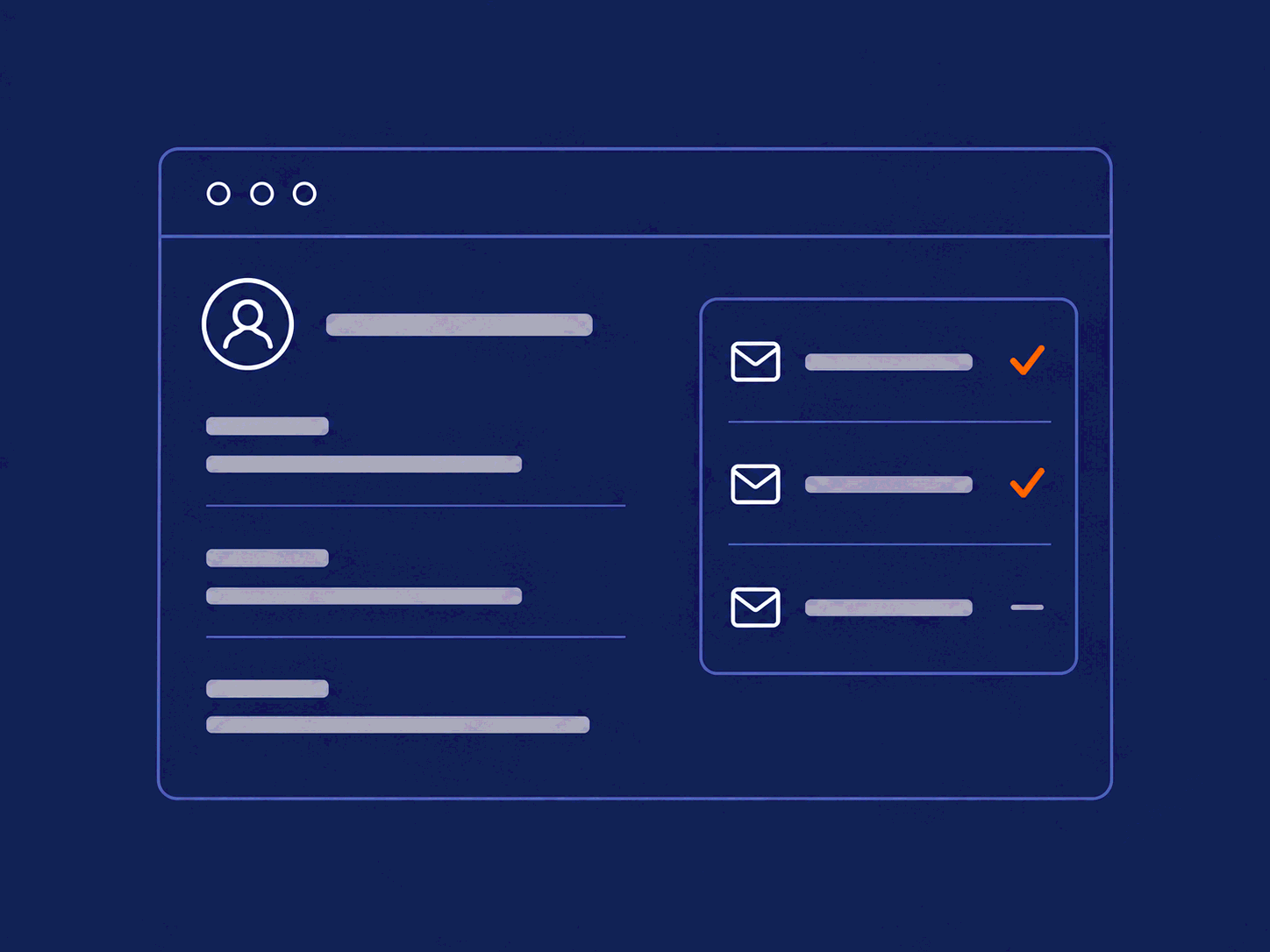 Wireframe of an entry panel showing which mailing lists an email address is subscribed to.