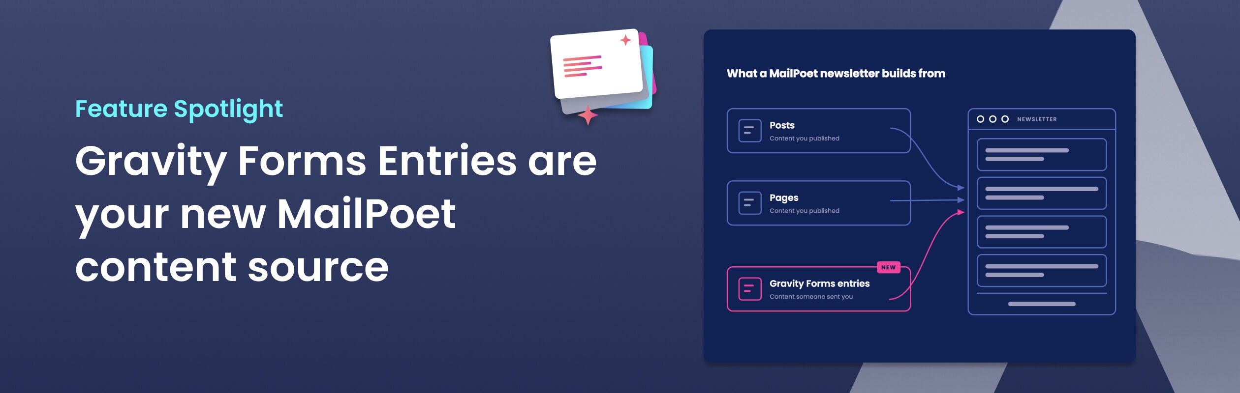 Gravity Forms entries listed as a new MailPoet newsletter content source, alongside posts and pages.